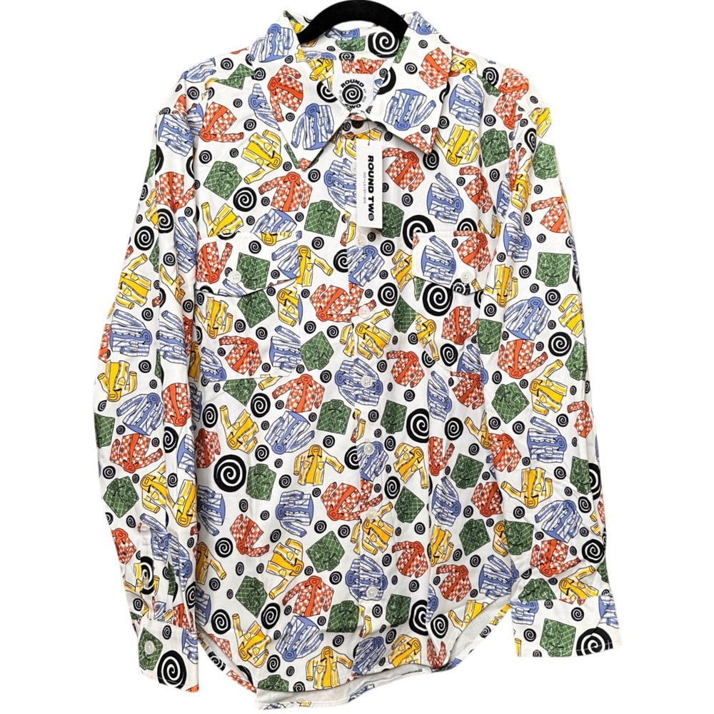 NWT Round Two Mens Graphic AOP Button Up Shirt White Multi Size Medium NWT